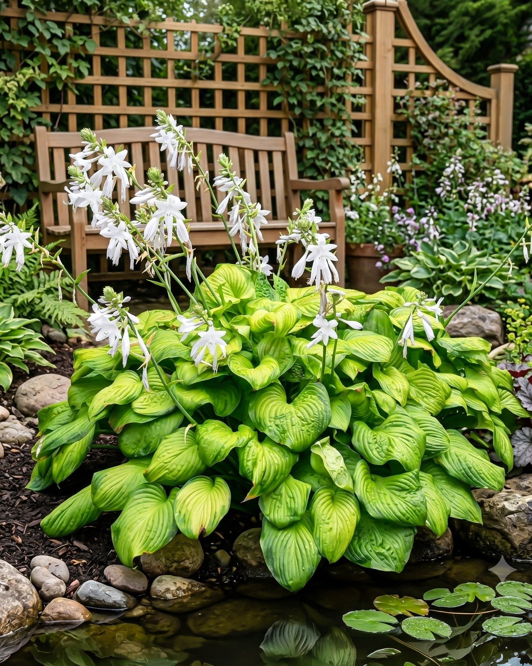 Garden scene with hosta plants, a wooden bench, and a trellis in the background.