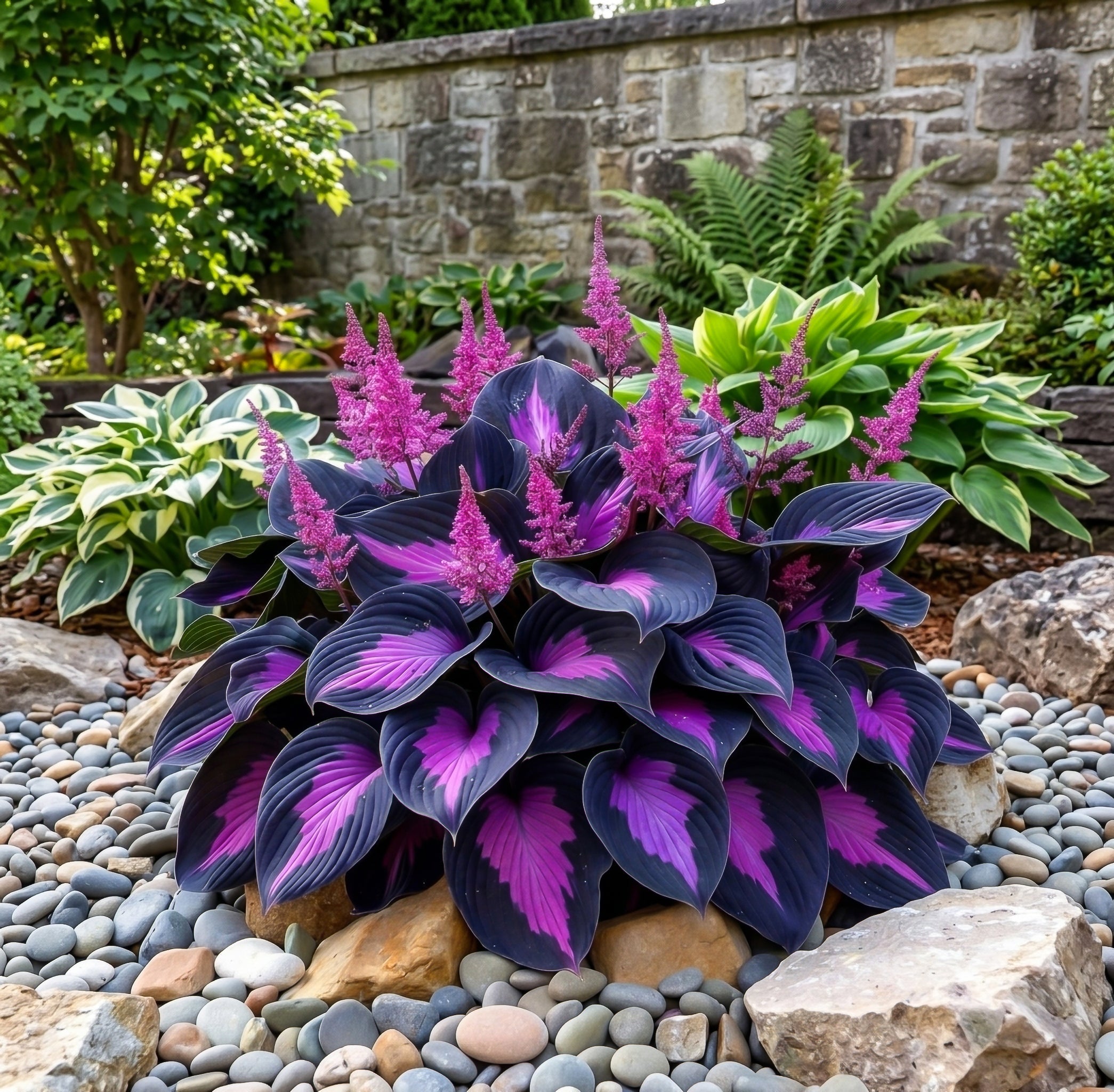 Purple and pink hosta plants in a garden setting with rocks and stone wall.
